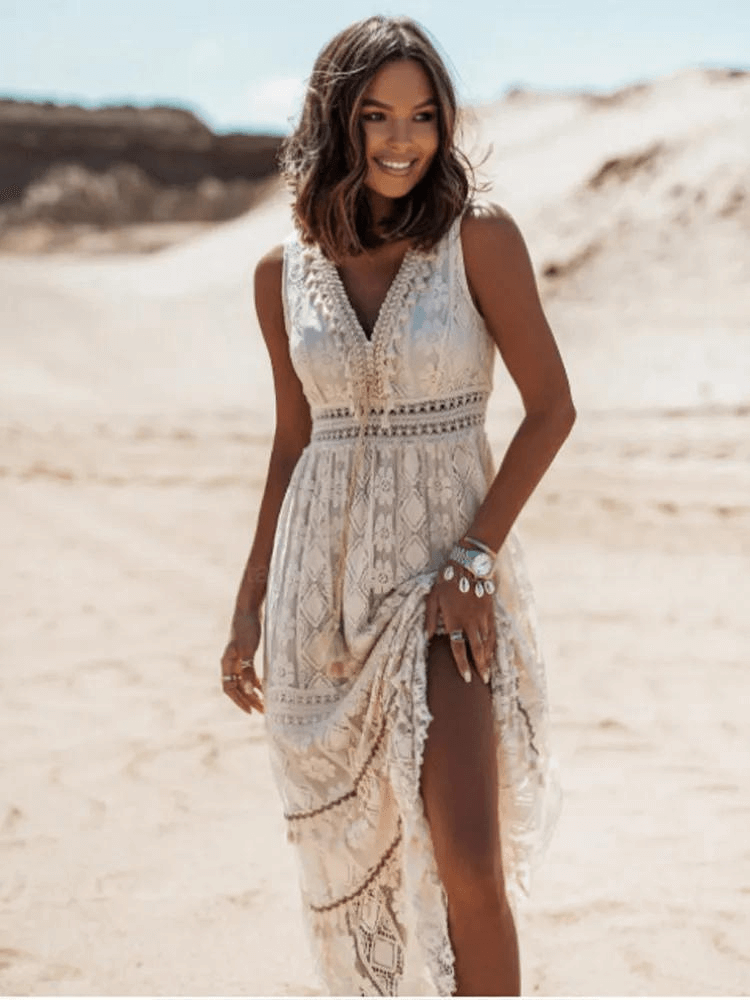Casual Boho maxi dress with stylish details – Solange-Beige-S-The Livary