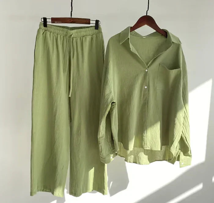 Lightweight two-piece summer set made of linen – Geneve-Green-S-The Livary