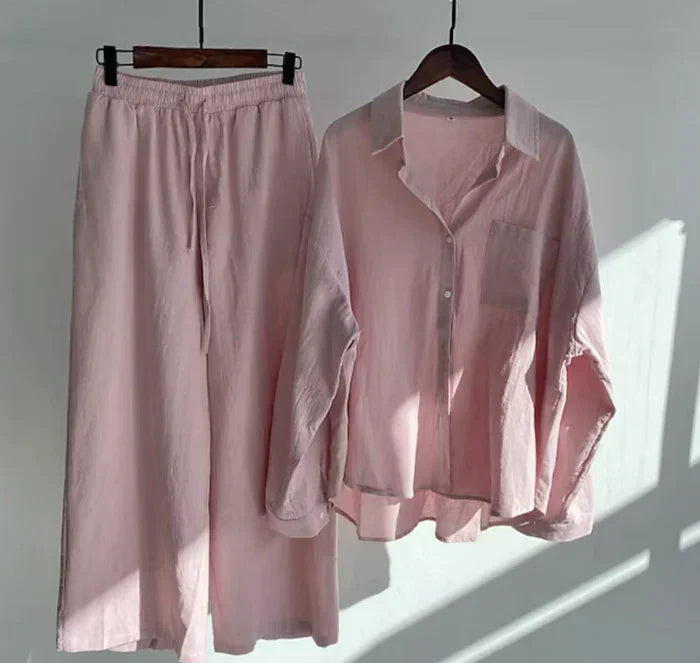 Lightweight two-piece summer set made of linen – Geneve-Pink-S-The Livary