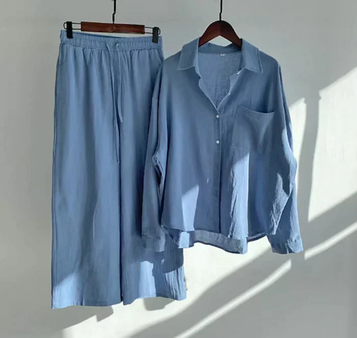 Lightweight two-piece summer set made of linen – Geneve-Blue-S-The Livary