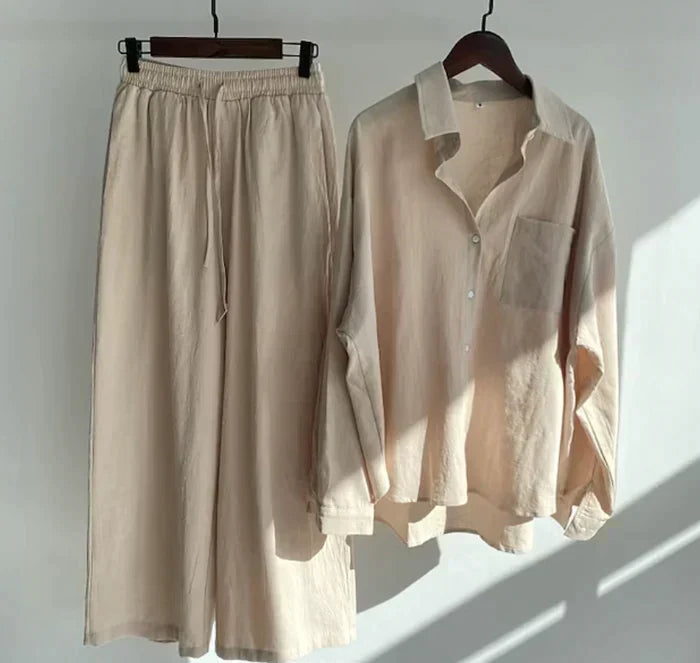 Lightweight two-piece summer set made of linen – Geneve-Beige-S-The Livary