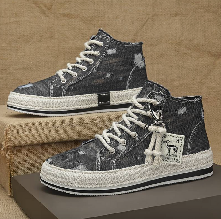Men's High-Top Denim Sneakers with Grip Sole & Ankle Support – Jarek-Black-3.5-The Livary