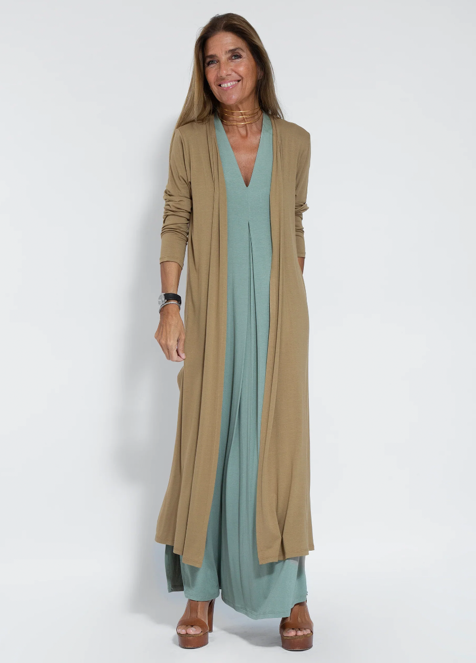 Figure-hugging dress with waistcoat – Valentina-Turquoise dress + brown vest-S-The Livary