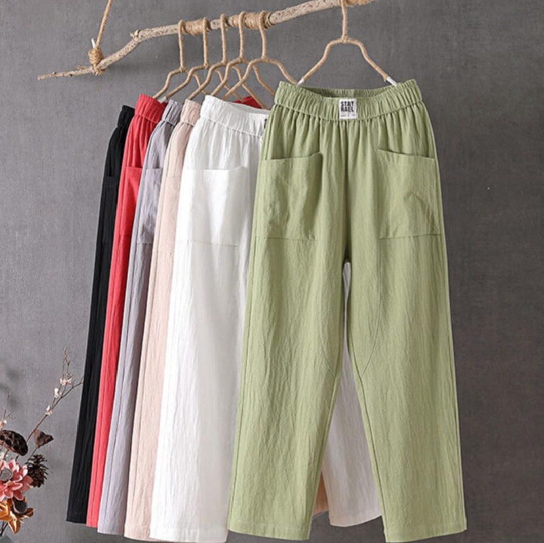 Linen Trousers with Elastic Waist - Livia-White-S-The Livary