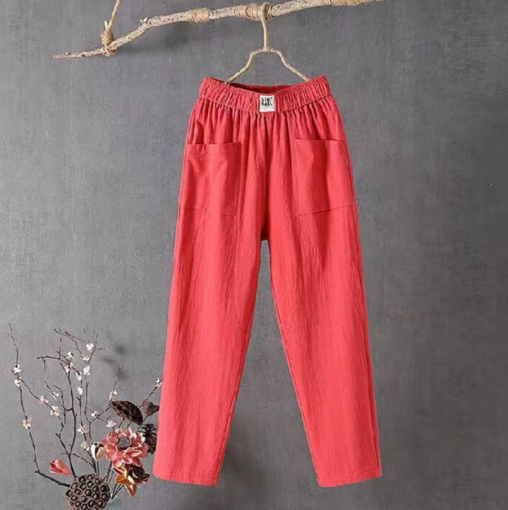Linen Trousers with Elastic Waist - Livia-Red-S-The Livary