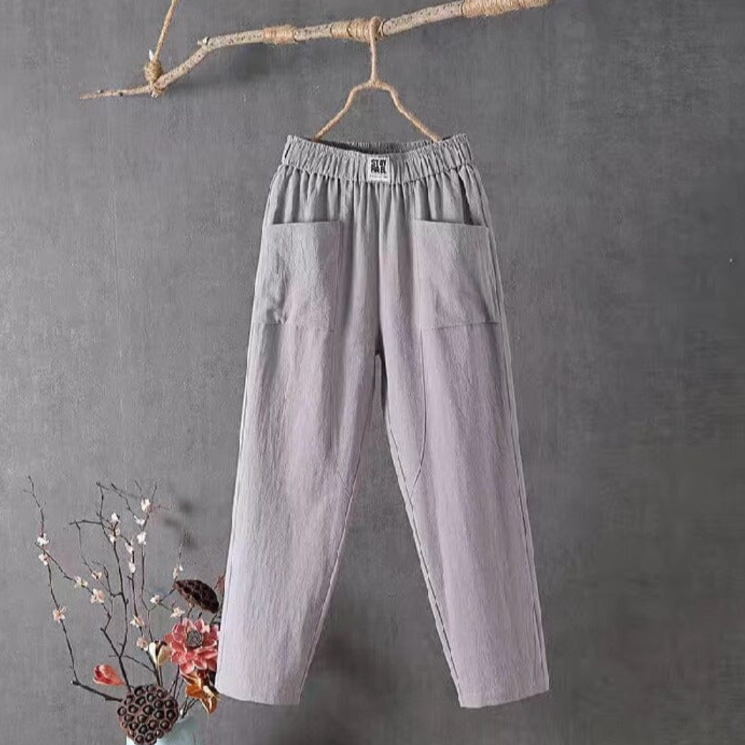 Linen Trousers with Elastic Waist - Livia-Gray-S-The Livary