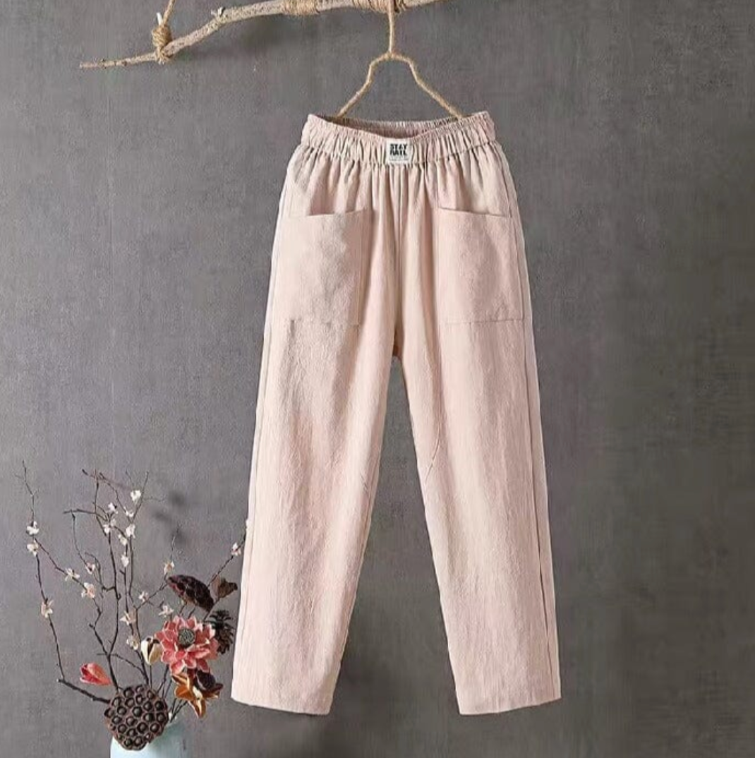 Linen Trousers with Elastic Waist - Livia-Pink-S-The Livary