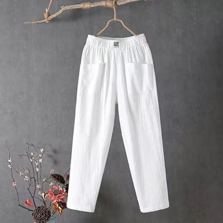 Linen Trousers with Elastic Waist - Livia-White-S-The Livary