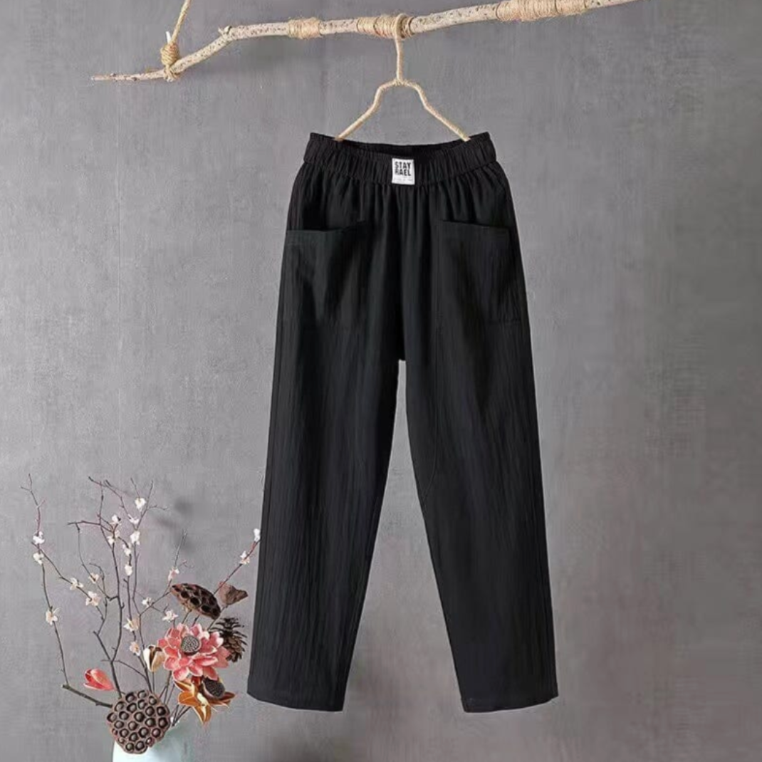 Linen Trousers with Elastic Waist - Livia-Black-S-The Livary