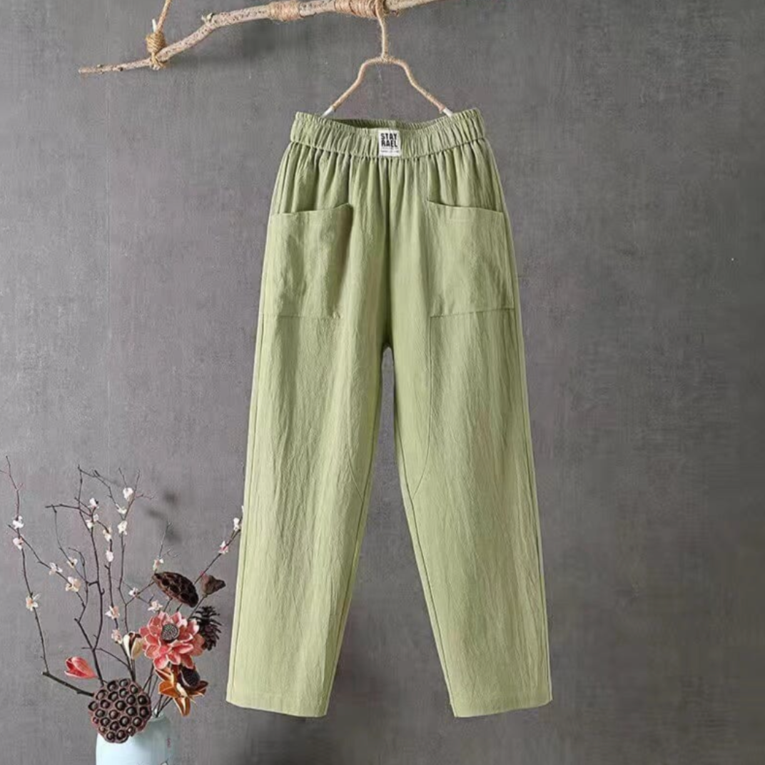 Linen Trousers with Elastic Waist - Livia-Green-S-The Livary