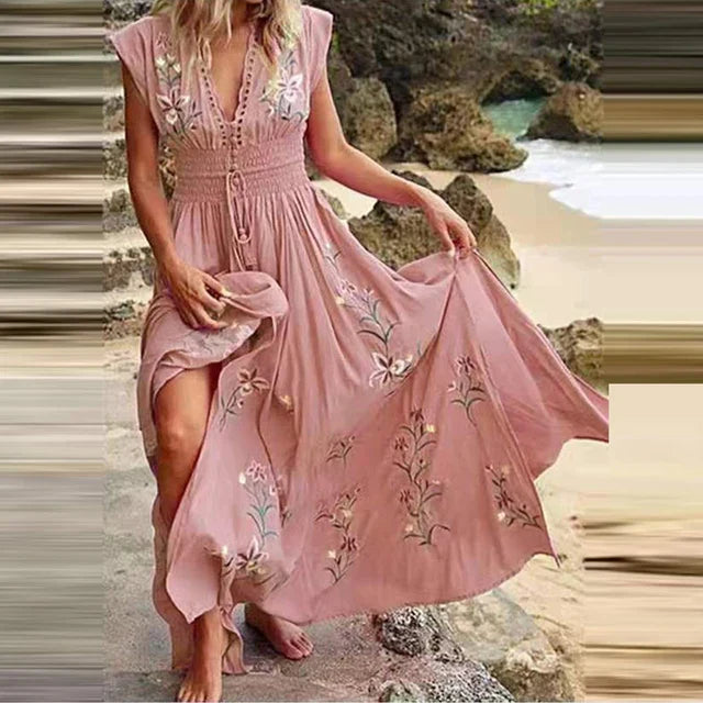 Boho summer midi dress with V-neck and airy cut – Talia-Pink-S-The Livary