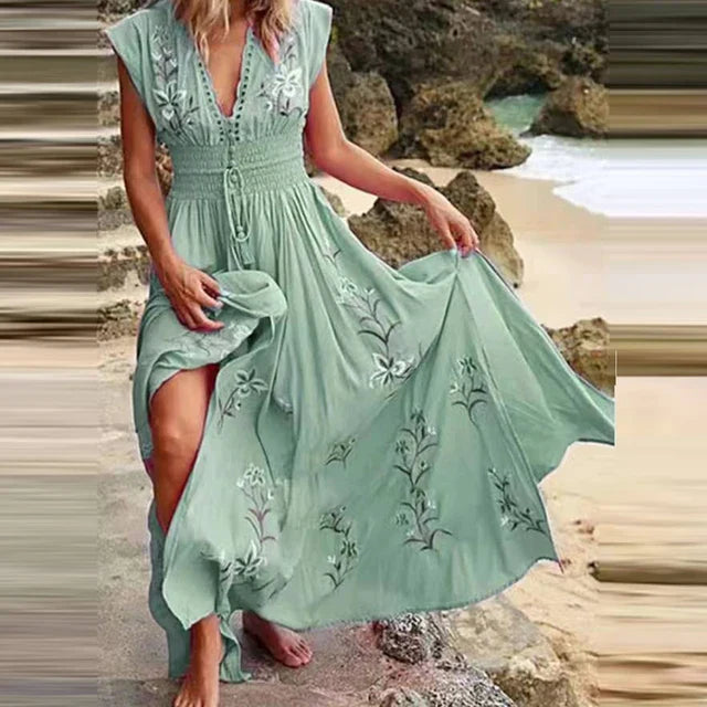 Boho summer midi dress with V-neck and airy cut – Talia-Light green-S-The Livary