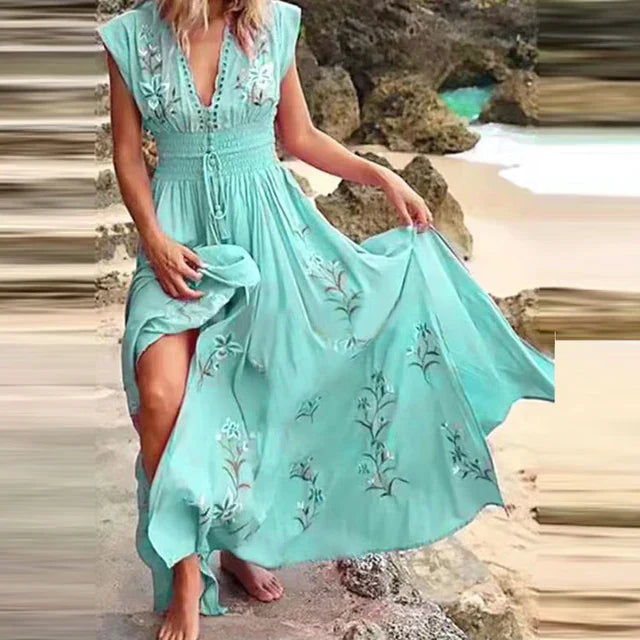 Boho summer midi dress with V-neck and airy cut – Talia-Sky blue-S-The Livary