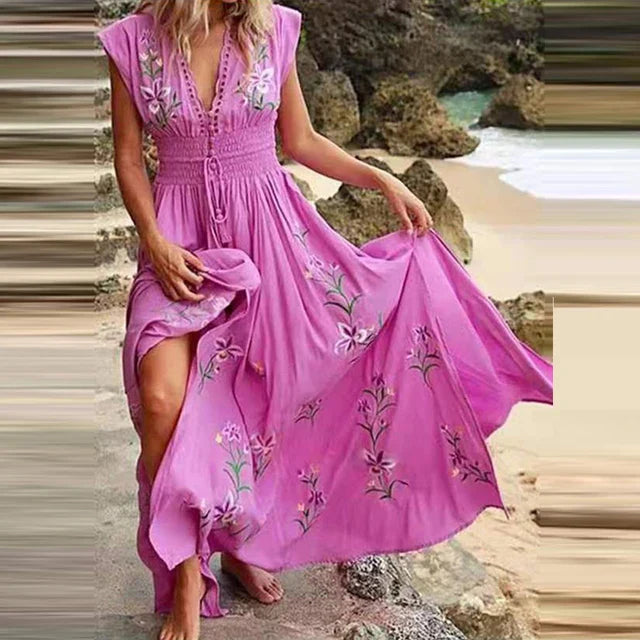 Boho summer midi dress with V-neck and airy cut – Talia-Pink with floral print-S-The Livary