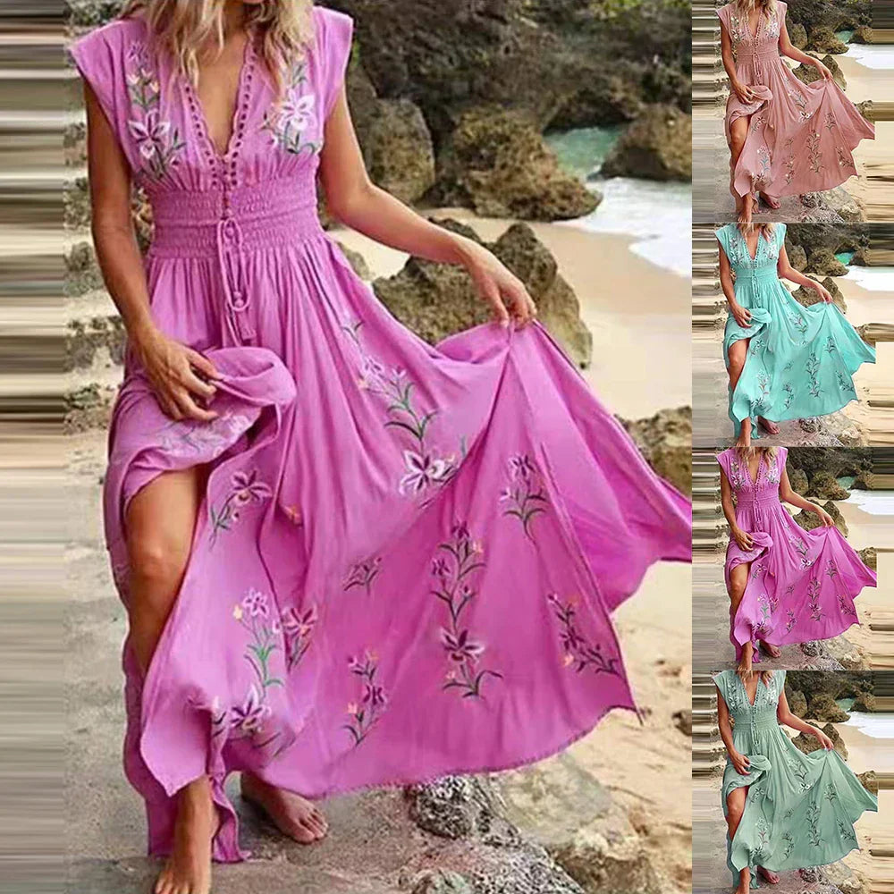 Boho summer midi dress with V-neck and airy cut – Talia-Sky blue-S-The Livary
