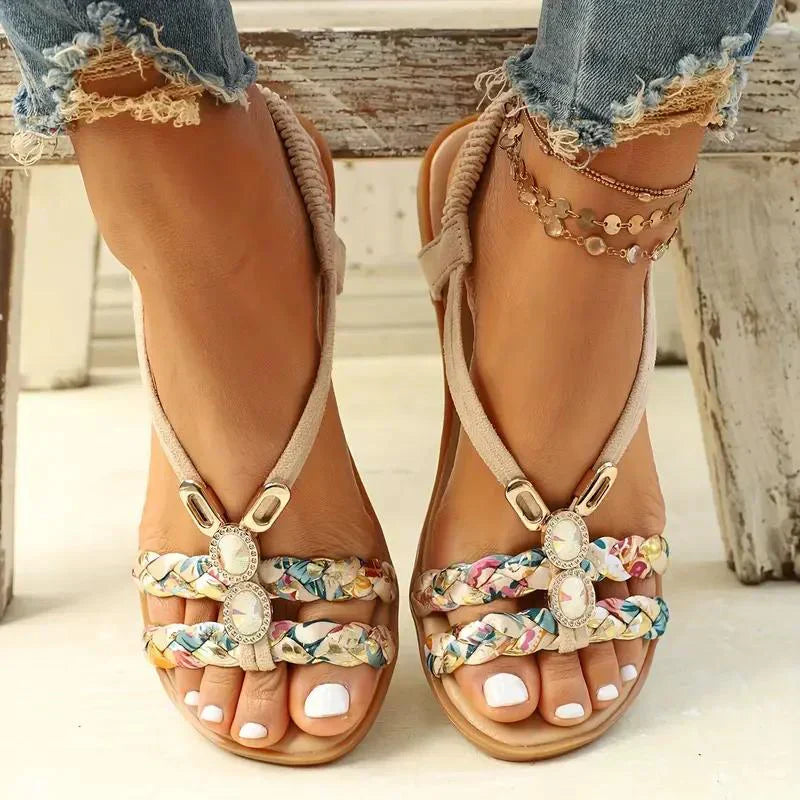 Boho-Beaded Slip-On Summer Sandals - Amira-Beige-2.5-The Livary