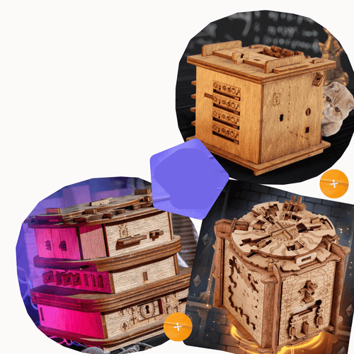 Interactive Wooden Escape Puzzle Box – MindVault-Schrödinger's Cat + The Trial of Camelot + Davy Jones-The Livary