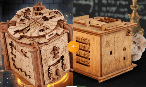 Interactive Wooden Escape Puzzle Box – MindVault-Schrödinger's Cat + The Trial of Camelot-The Livary