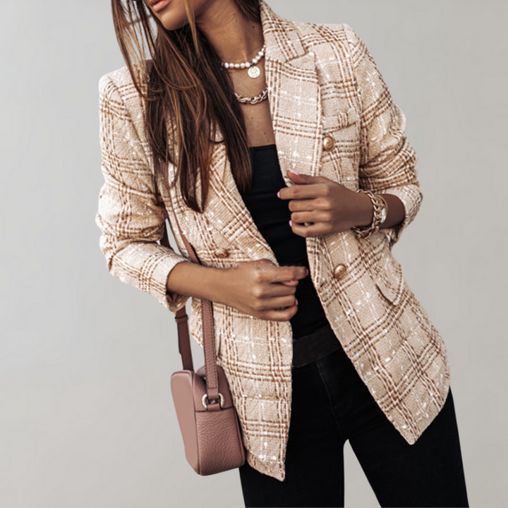 Trendy Checked Blazer for Women - Isabelle-Khaki-S-The Livary
