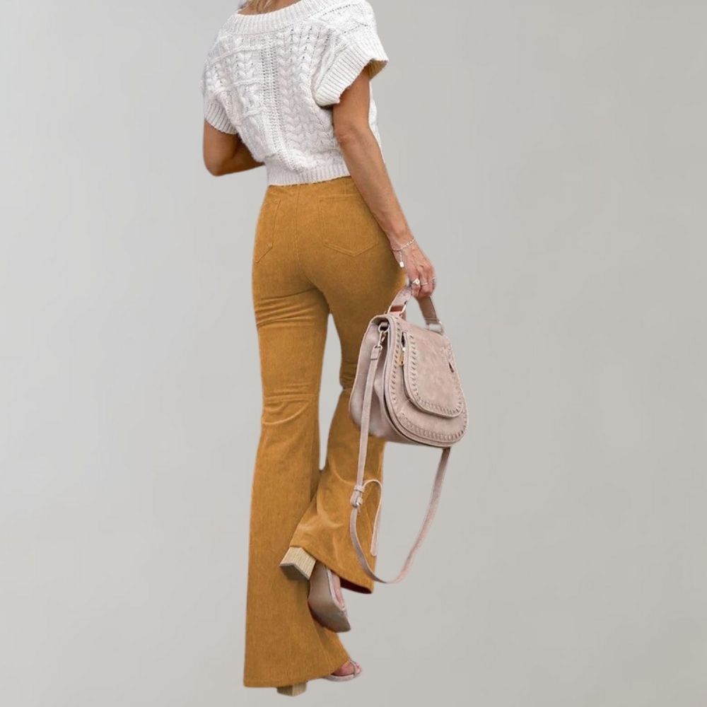 Trendy Corduroy Flared Trousers - Valerie-Khaki-S-The Livary