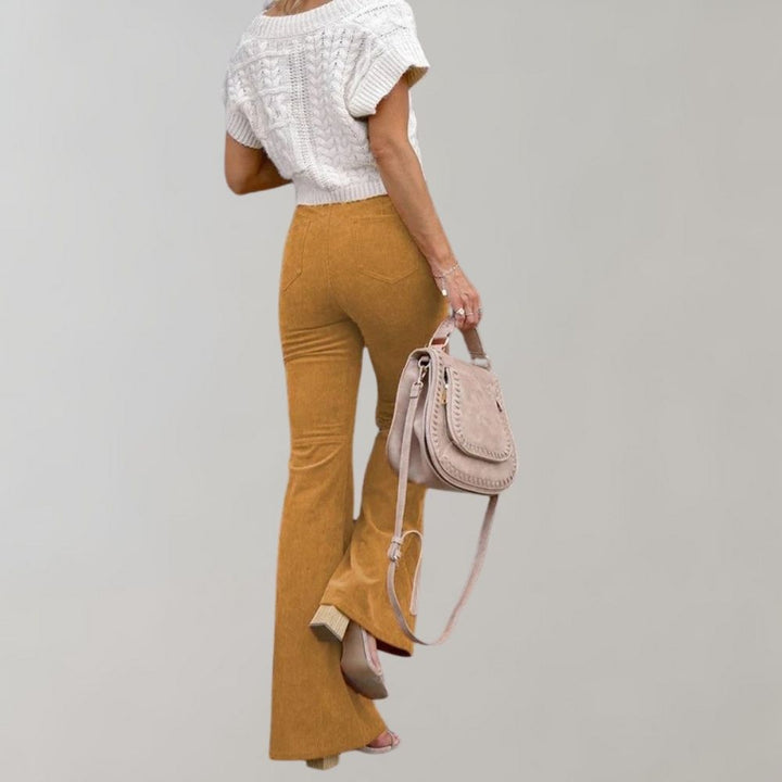 Trendy Corduroy Flared Trousers - Valerie-Khaki-S-The Livary