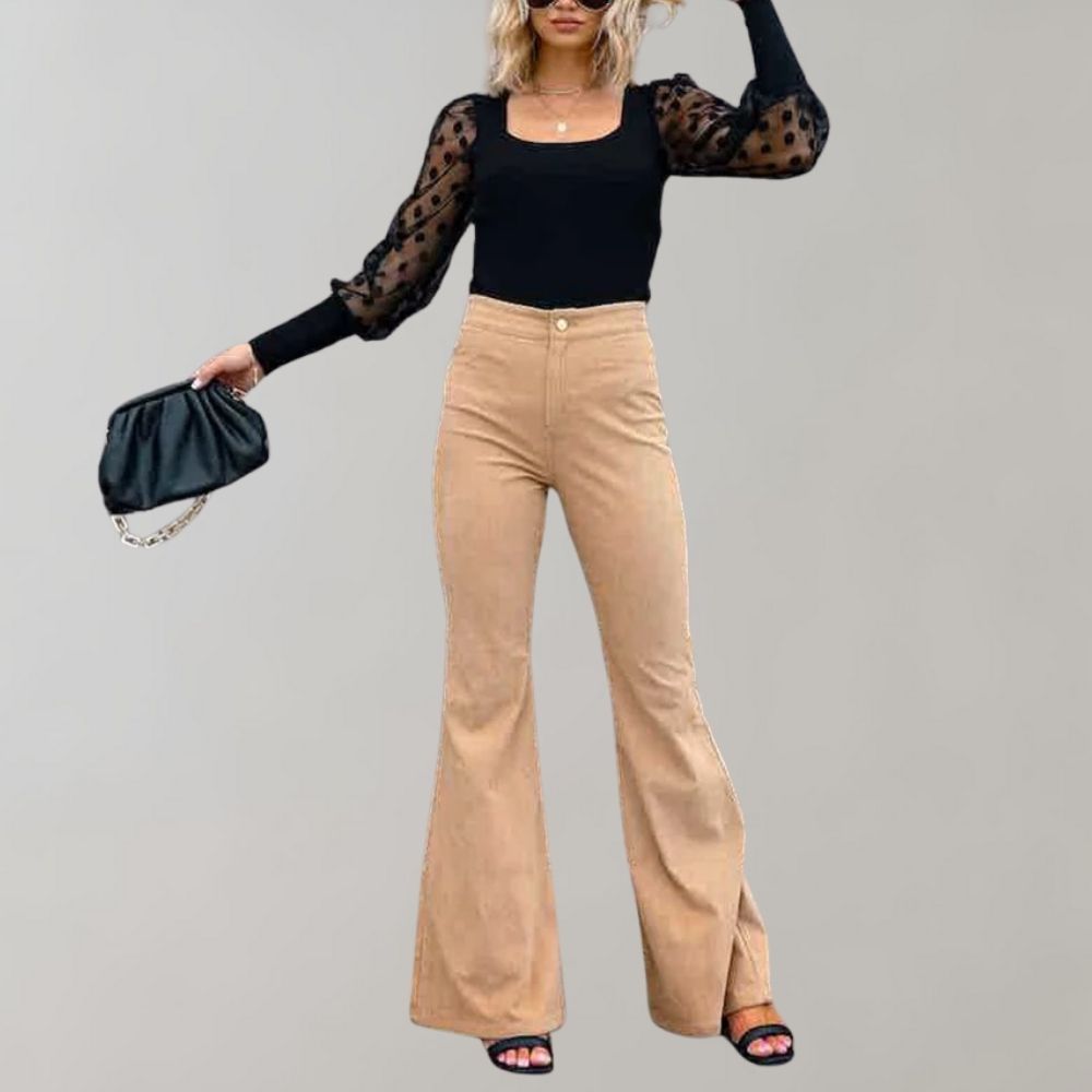 Trendy Corduroy Flared Trousers - Valerie-Khaki-S-The Livary