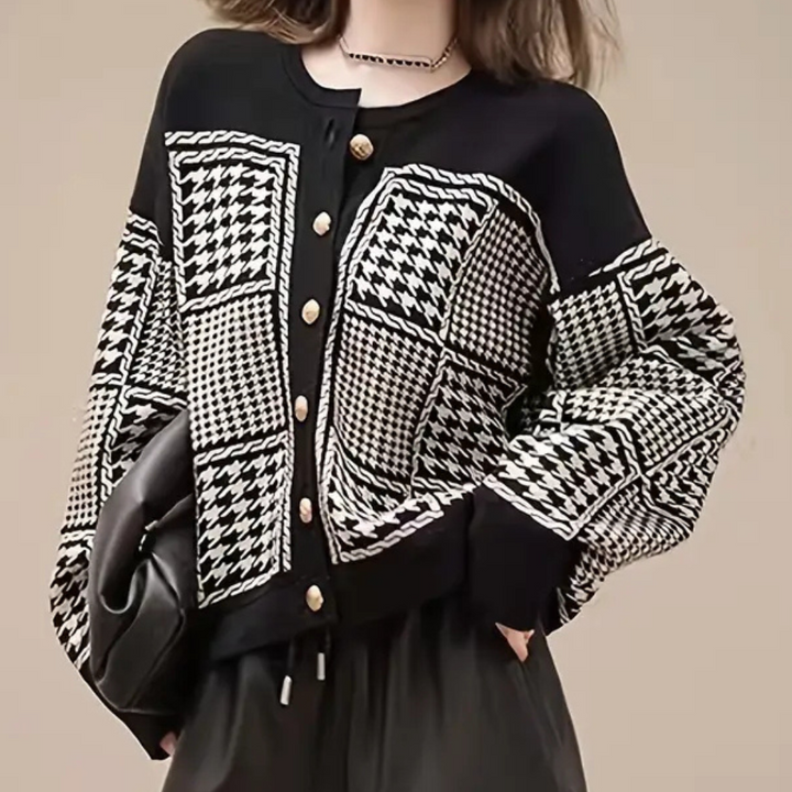 Black Women's Cardigan with Houndstooth Pattern - Isolde-XS-The Livary