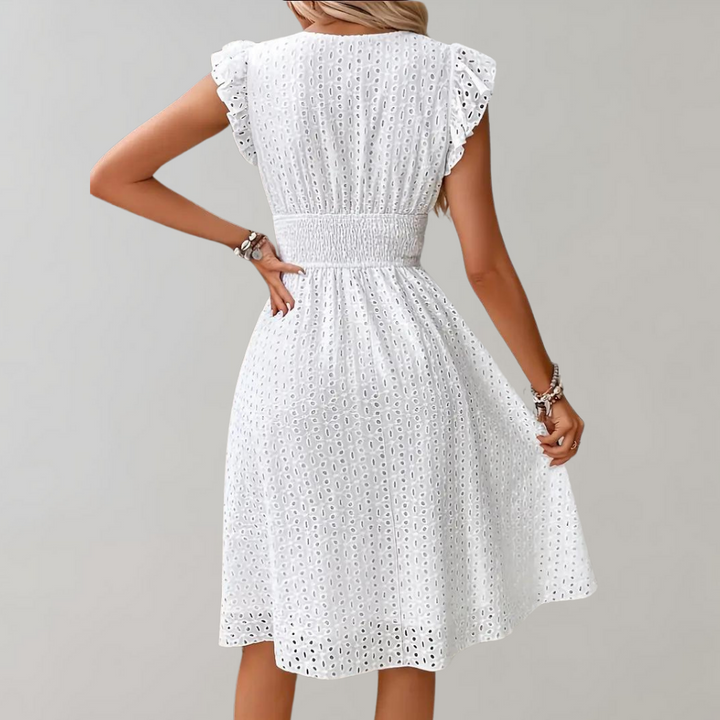 White Summer Dress with Ruffled Sleeves - Lina-S-The Livary