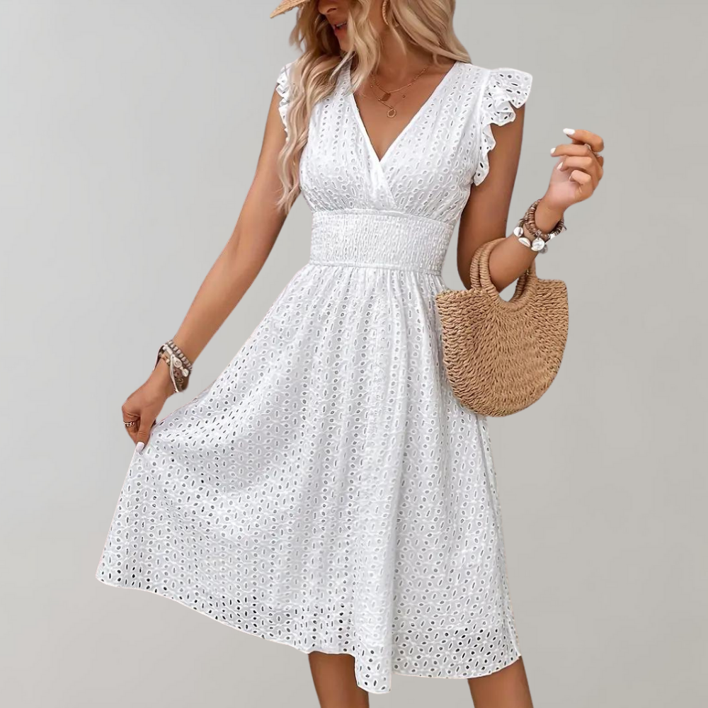 White Summer Dress with Ruffled Sleeves - Lina-S-The Livary