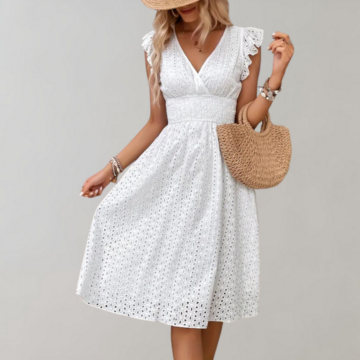 White Summer Dress with Ruffled Sleeves - Lina-S-The Livary