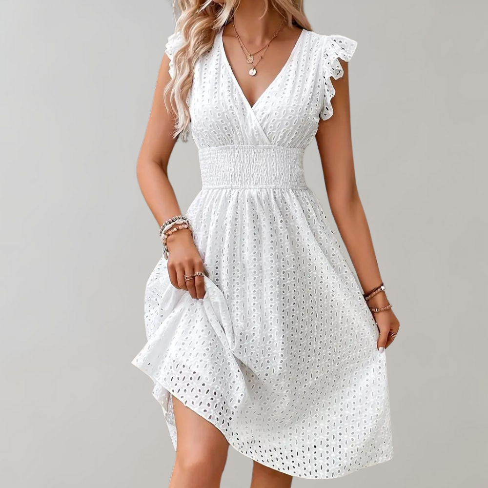 White Summer Dress with Ruffled Sleeves - Lina-S-The Livary