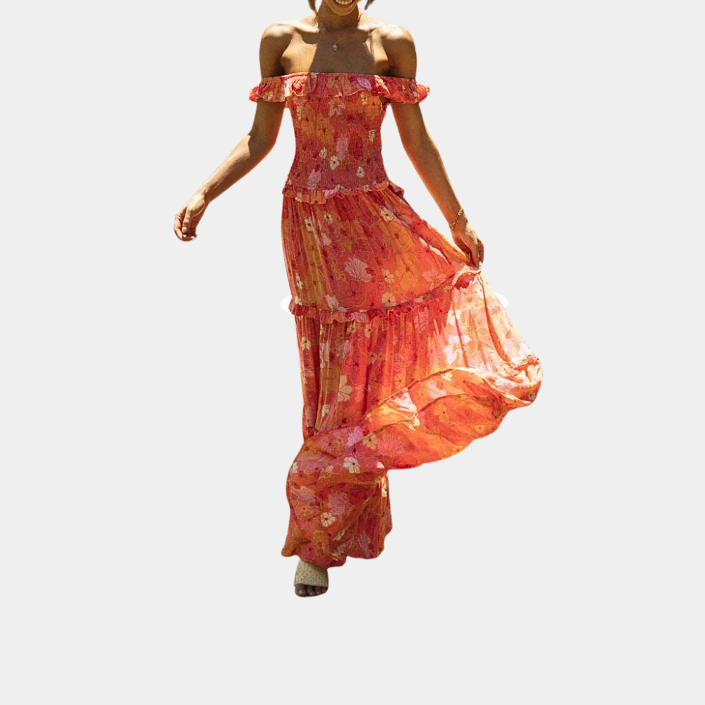 Trendy Orange Floral Print Dress - Elara-S-The Livary