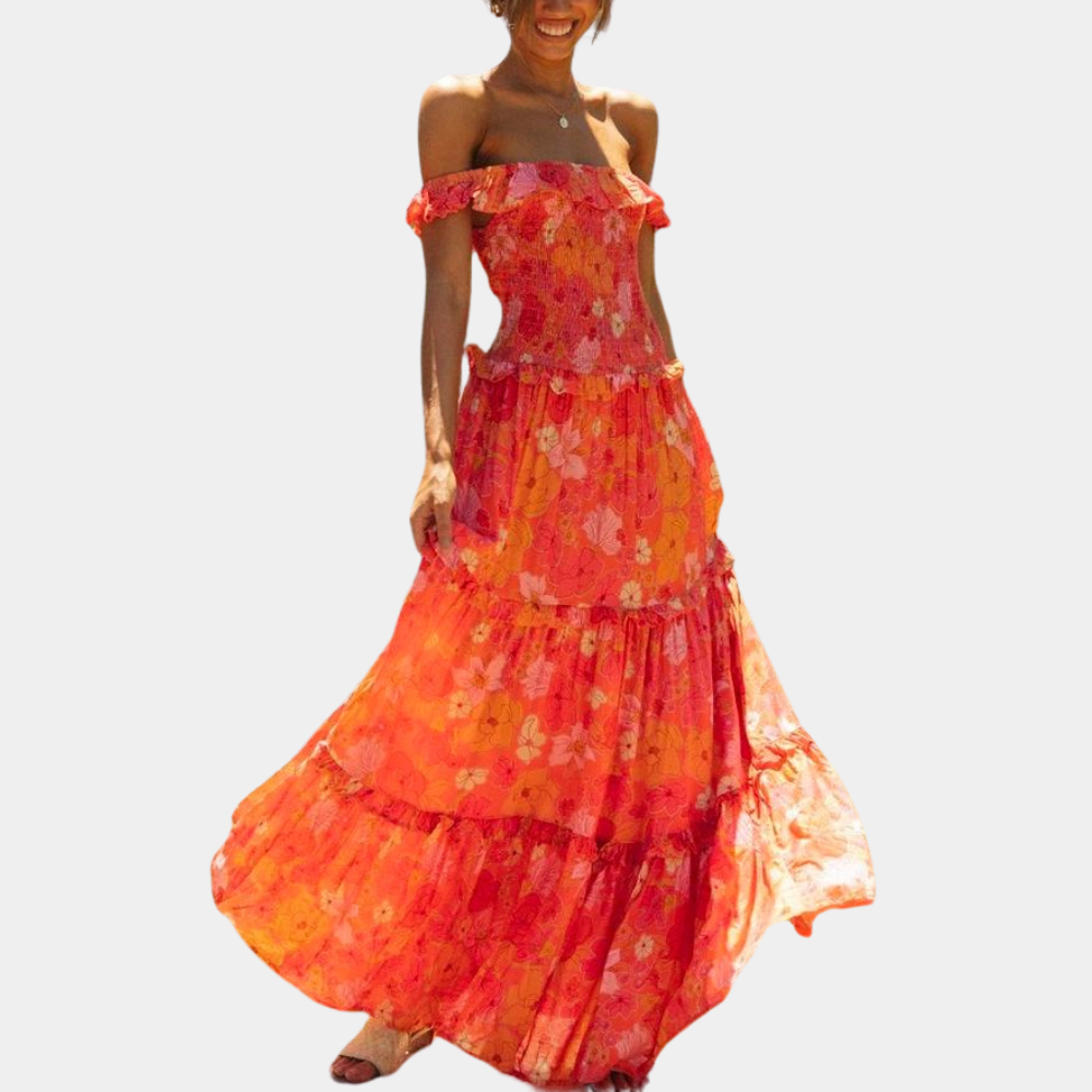 Trendy Orange Floral Print Dress - Elara-S-The Livary