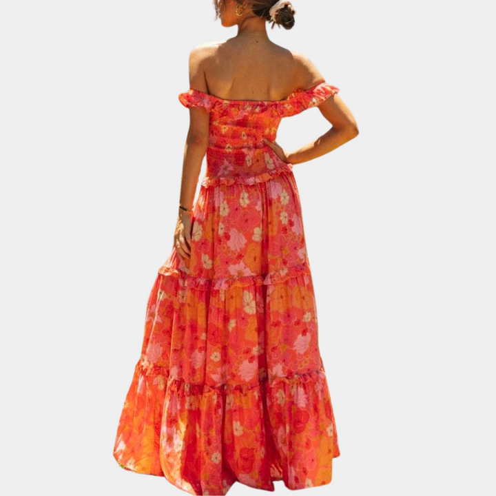 Trendy Orange Floral Print Dress - Elara-S-The Livary
