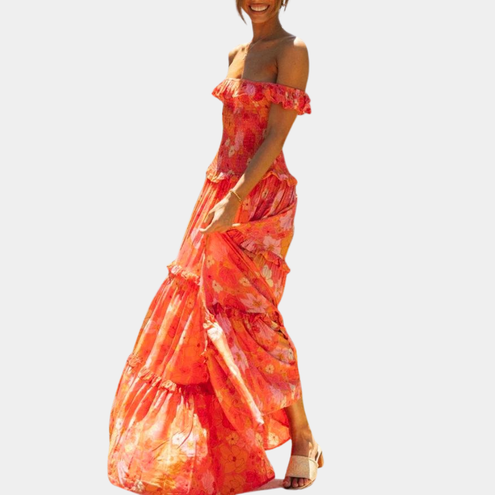 Trendy Orange Floral Print Dress - Elara-S-The Livary