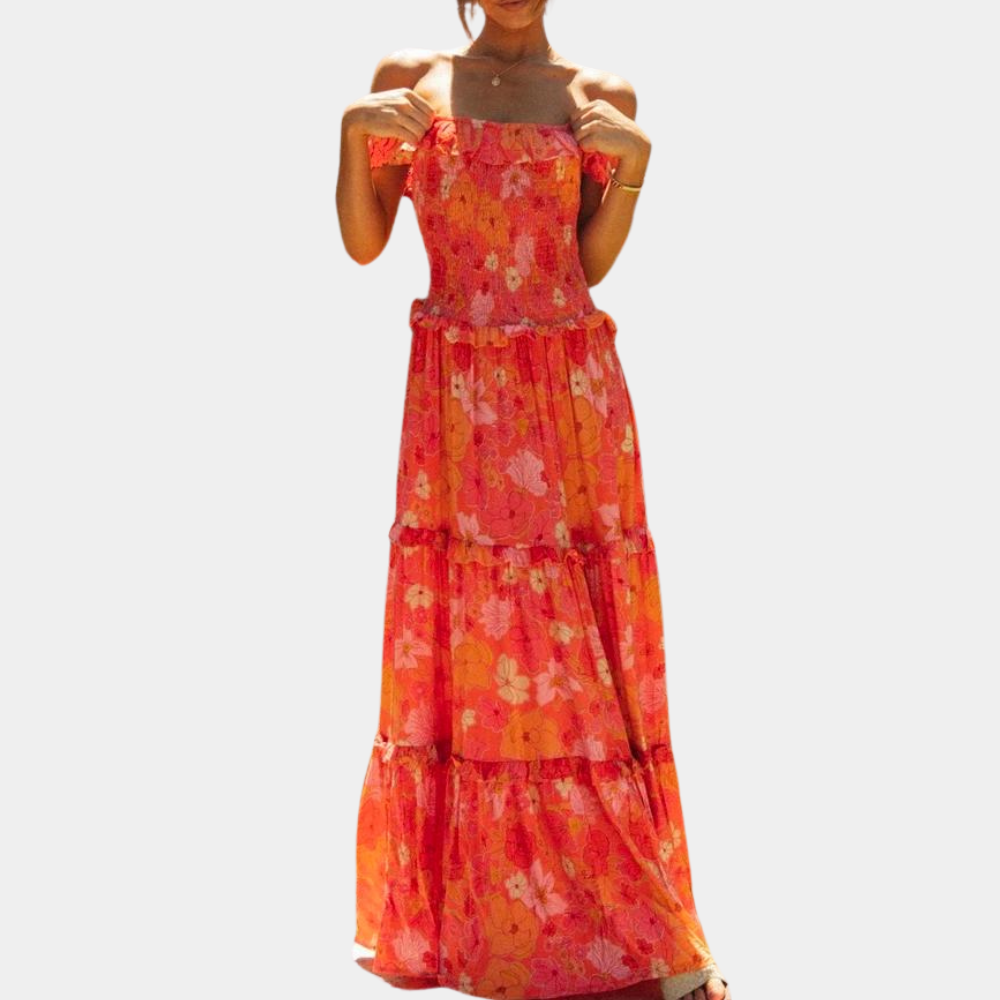 Trendy Orange Floral Print Dress - Elara-S-The Livary