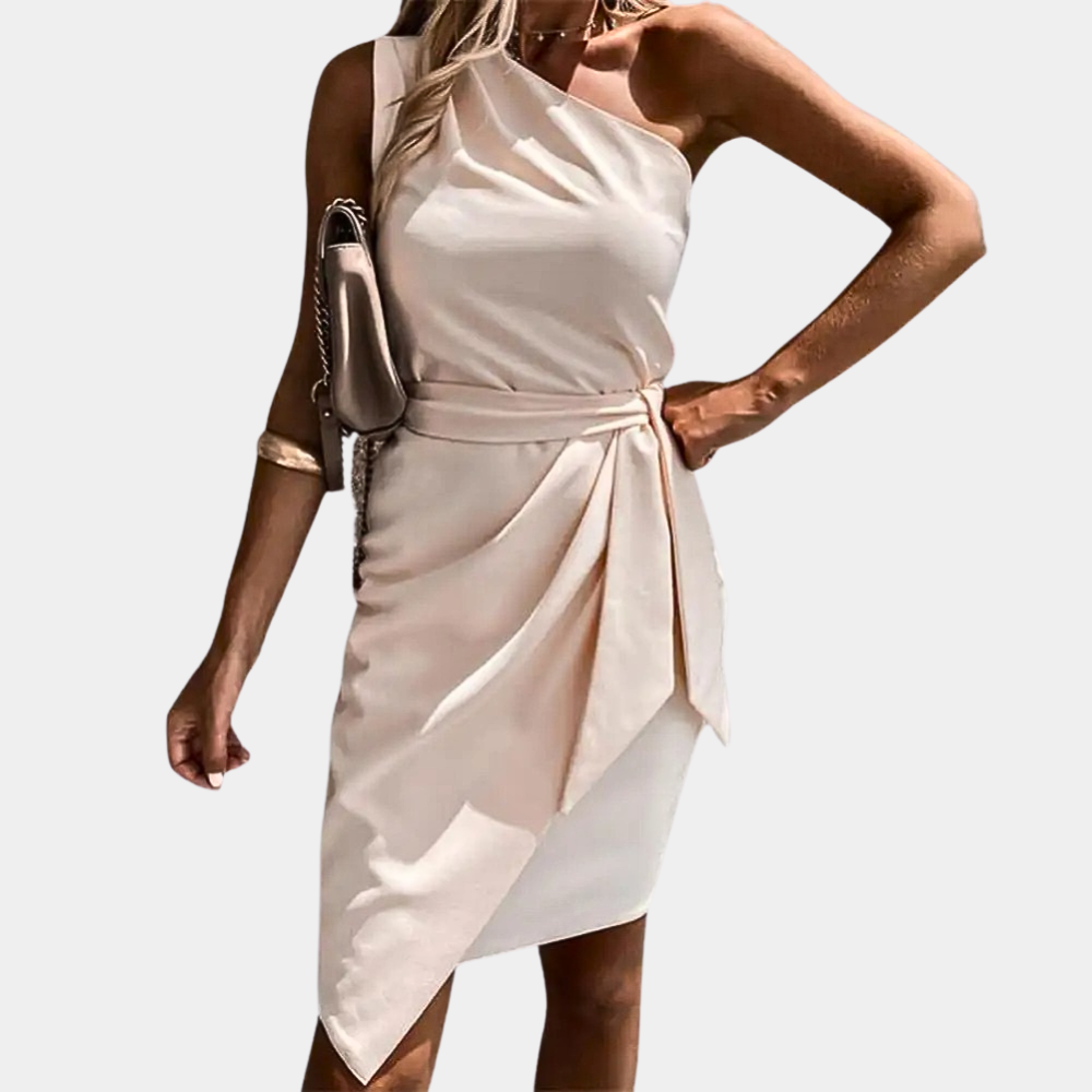 Trendy One-Shoulder Dress with Waistband - Adriana-Apricot-S-The Livary