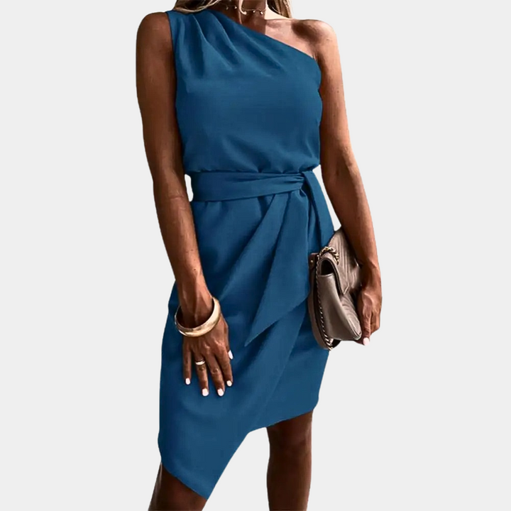 Trendy One-Shoulder Dress with Waistband - Adriana-Blue-S-The Livary
