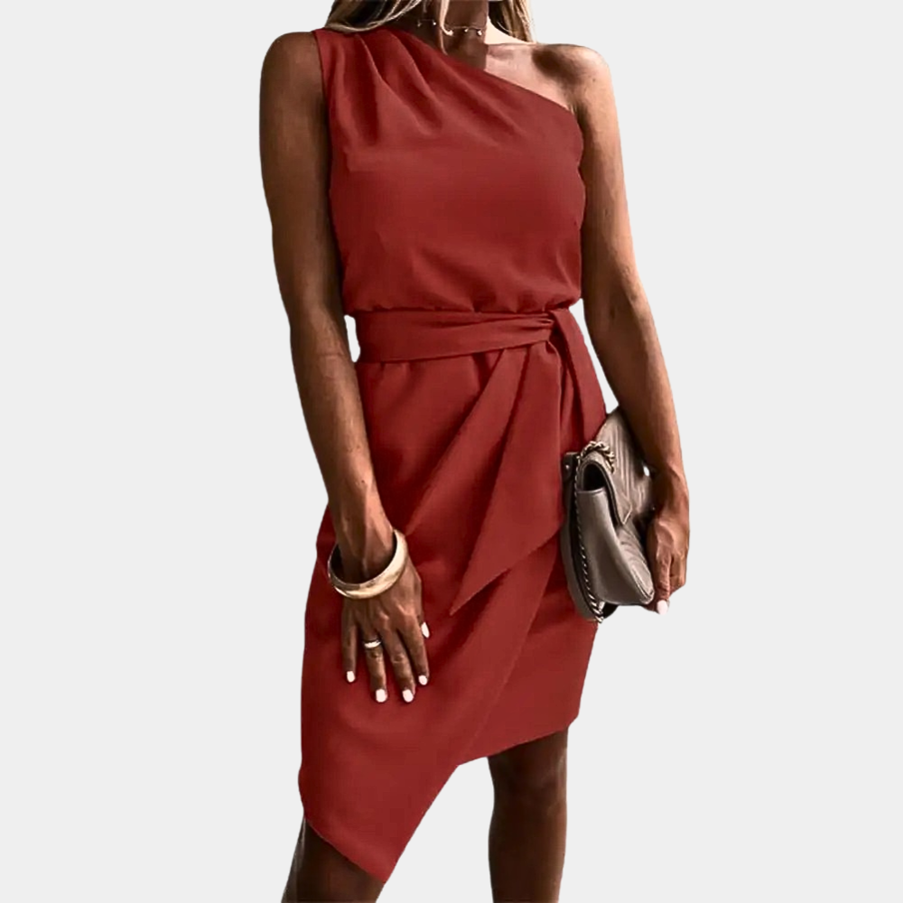 Trendy One-Shoulder Dress with Waistband - Adriana-Red-S-The Livary