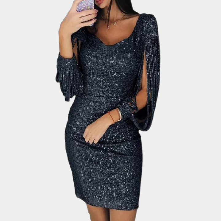 Sequin dress with V-neck and stylish sleeves - Celeste-Black-S-The Livary