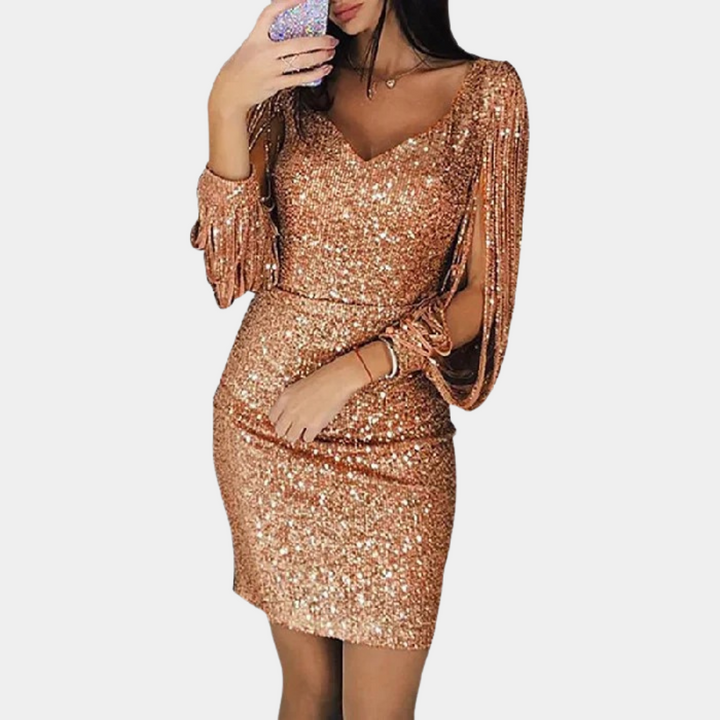Sequin dress with V-neck and stylish sleeves - Celeste-Gold-S-The Livary