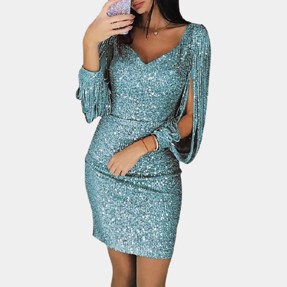 Sequin dress with V-neck and stylish sleeves - Celeste-Green-S-The Livary