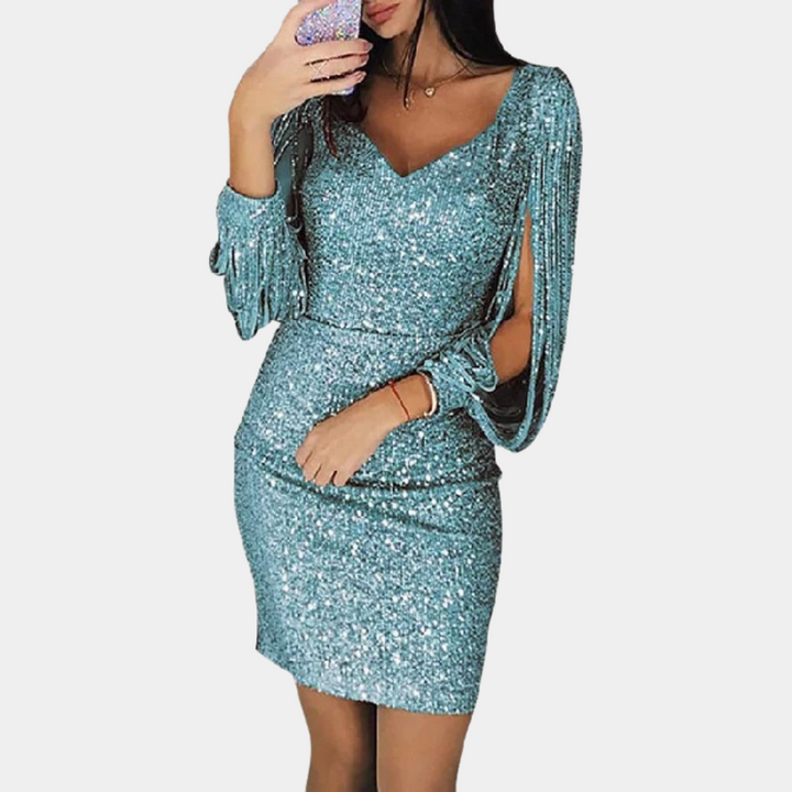 Sequin dress with V-neck and stylish sleeves - Celeste-Green-S-The Livary
