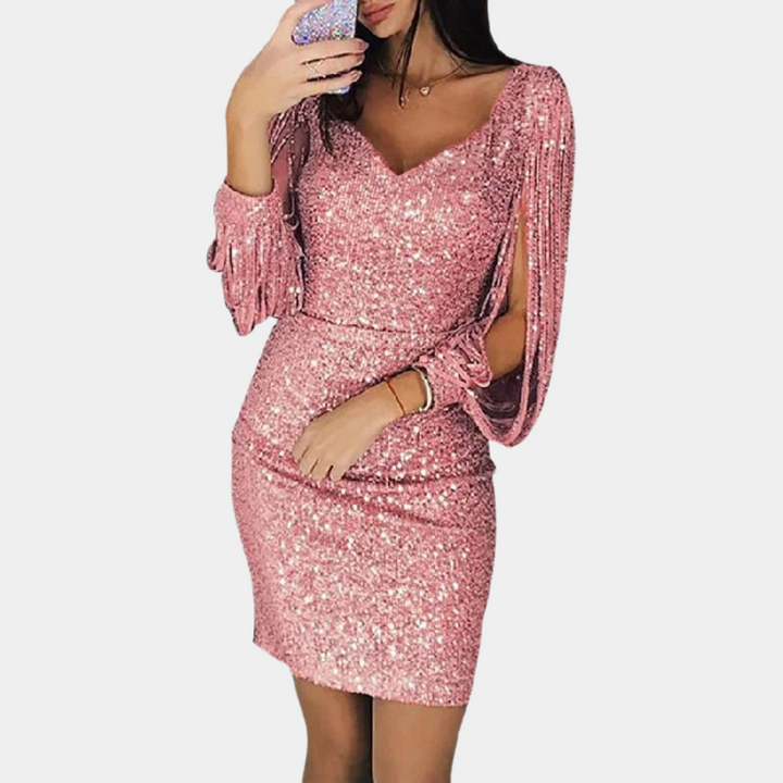 Sequin dress with V-neck and stylish sleeves - Celeste-Pink-S-The Livary