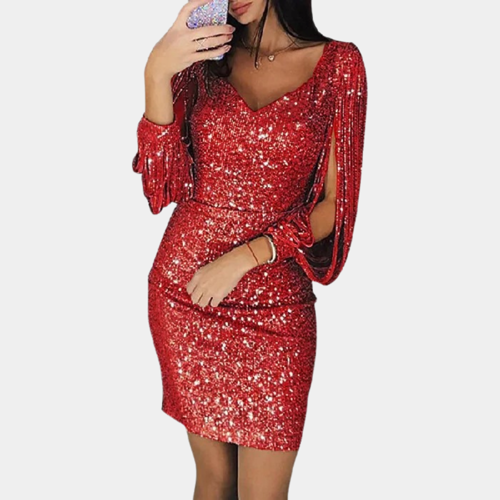 Sequin dress with V-neck and stylish sleeves - Celeste-Red-S-The Livary