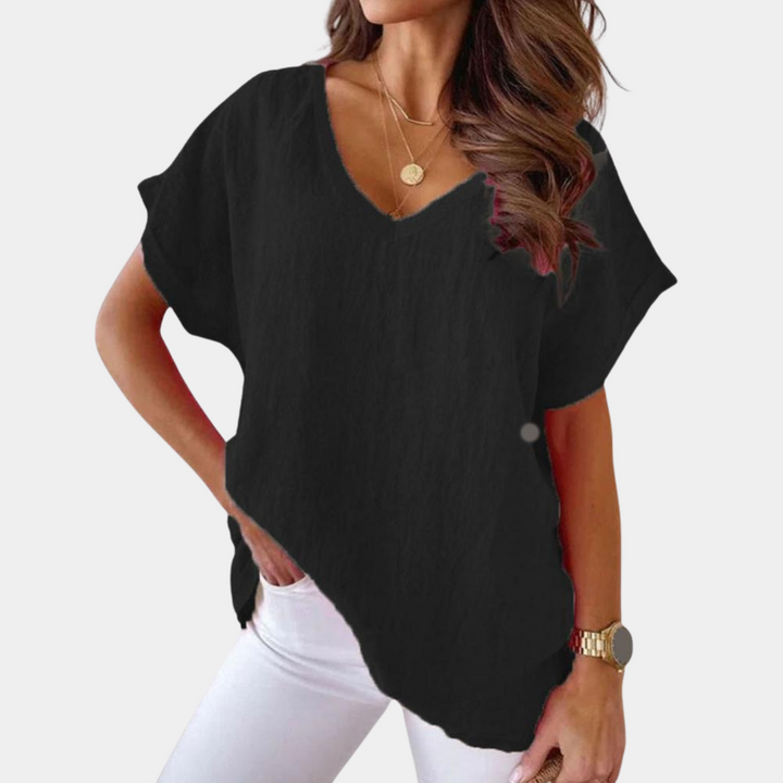 Lightweight V-neck linen blouse with a loose fit – Mailin-Black-S-The Livary