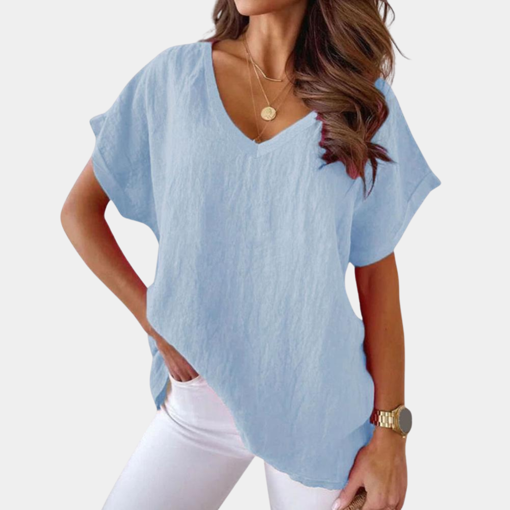 Lightweight V-neck linen blouse with a loose fit – Mailin-Blue-S-The Livary