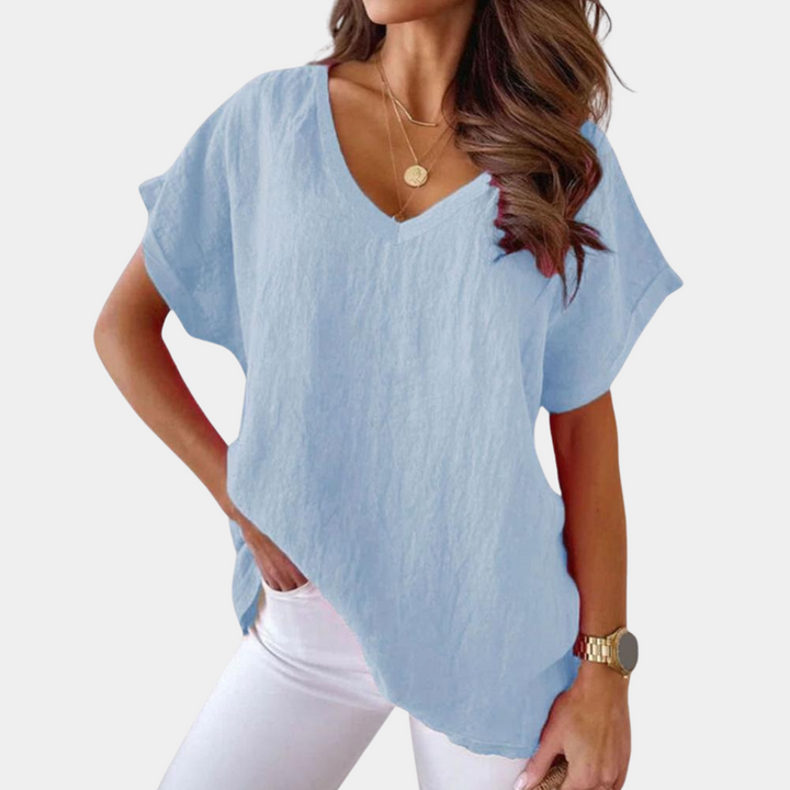 Lightweight V-neck linen blouse with a loose fit – Mailin-Blue-S-The Livary