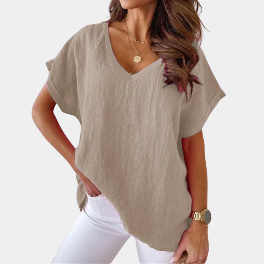 Lightweight V-neck linen blouse with a loose fit – Mailin-Khaki-S-The Livary