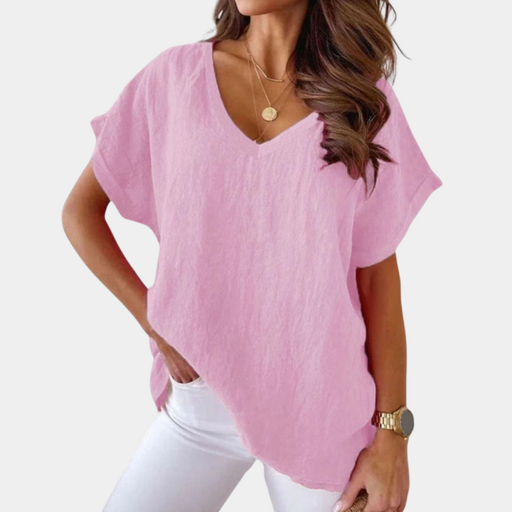 Lightweight V-neck linen blouse with a loose fit – Mailin-Light pink-S-The Livary